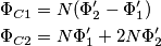 \begin{align}
& \Phi _{C1}=N(\Phi _{2}^{\prime}-\Phi _{1}^{\prime}) \\
& \Phi _{C2}=N\Phi _{1}^{\prime}+2N\Phi _{2}^{\prime} \\
\end{align} \begin{align}
& \Phi _{C1}=N(\Phi _{2}^{\prime}-\Phi _{1}^{\prime}) \\
& \Phi _{C2}=N\Phi _{1}^{\prime}+2N\Phi _{2}^{\prime} \\
\end{align}