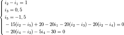 \left\{ \begin{align}
& i_{2}-i_{1}=1 \\
& i_{3}=0,5 \\
& i_{5}=-1,5 \\
& -15(i_{2}-i_{5})+20-20i_{1}-20(i_{2}-i_{3})-20(i_{2}-i_{4})=0 \\
& -20(i_{4}-i_{2})-5i_{4}-30=0 \\
\end{align} \right. \left\{ \begin{align}
& i_{2}-i_{1}=1 \\
& i_{3}=0,5 \\
& i_{5}=-1,5 \\
& -15(i_{2}-i_{5})+20-20i_{1}-20(i_{2}-i_{3})-20(i_{2}-i_{4})=0 \\
& -20(i_{4}-i_{2})-5i_{4}-30=0 \\
\end{align} \right.