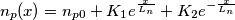 n_{p}(x)=n_{p0}+K_{1}e^{\frac{x}{L_{n}}}+K_{2}e^{-\frac{x}{L_{n}}} n_{p}(x)=n_{p0}+K_{1}e^{\frac{x}{L_{n}}}+K_{2}e^{-\frac{x}{L_{n}}}