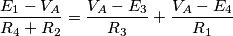 \frac{E_1-V_A}{R_4+R_2}=\frac{V_A-E_3}{R_3}+\frac{V_A-E_4}{R_1} \frac{E_1-V_A}{R_4+R_2}=\frac{V_A-E_3}{R_3}+\frac{V_A-E_4}{R_1}