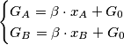 \begin{cases}
G_A=\beta \cdot x_A + G_0 \\
G_B=\beta \cdot x_B + G_0
\end{cases} \begin{cases}
G_A=\beta \cdot x_A + G_0 \\
G_B=\beta \cdot x_B + G_0
\end{cases}