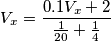 V_x=\frac{0.1V_x+2}{\frac{1}{20}+\frac{1}{4}} V_x=\frac{0.1V_x+2}{\frac{1}{20}+\frac{1}{4}}