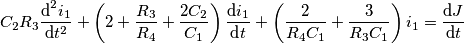 C_{2}R_{3}\frac{\text{d}^{2}i_{1}}{\text{d}t^{2}}+\left( 2+\frac{R_{3}}{R_{4}}+\frac{2C_{2}}{C_{1}} \right)\frac{\text{d}i_{1}}{\text{d}t}+\left( \frac{2}{R_{4}C_{1}}+\frac{3}{R_{3}C_{1}} \right)i_{1}=\frac{\text{d}J}{\text{d}t} C_{2}R_{3}\frac{\text{d}^{2}i_{1}}{\text{d}t^{2}}+\left( 2+\frac{R_{3}}{R_{4}}+\frac{2C_{2}}{C_{1}} \right)\frac{\text{d}i_{1}}{\text{d}t}+\left( \frac{2}{R_{4}C_{1}}+\frac{3}{R_{3}C_{1}} \right)i_{1}=\frac{\text{d}J}{\text{d}t}