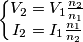 \left\{\begin{matrix}
V_2=V_1\frac{n_2}{n_1}\\ 

I_2=I_1\frac{n_1}{n_2}
\end{matrix}\right.