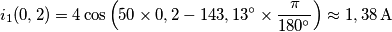 i_{1}(0,2)=4\cos \left( 50\times 0,2-143,13{}^\circ \times \frac{\pi }{180{}^\circ } \right)\approx 1,38\,\text{A}
