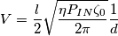V=\frac{l}{2}\sqrt{\frac{ \eta P_{IN} \zeta_0}{2\pi}}\frac{1}{d}