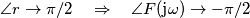 \angle r \rightarrow \pi/2 \quad \Rightarrow\quad \angle F(\text{j}\omega)\rightarrow -\pi/2