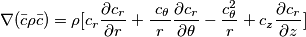 \nabla ( \bar{c}  \rho \bar{c}})=\rho[c_r  \frac{\partial c_r}{\partial r}+ \frac{\ c_ \theta }{r}  \frac{\partial c_r}{\partial \theta} -  \frac{{c_\theta^2}}{r} + c_z  \frac{\partial c_r}{\partial z}  ]