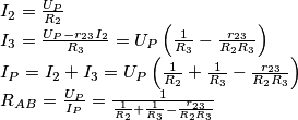 \begin{array}{l}
{I_2} = \frac{{{U_P}}}{{{R_2}}}\\
{I_3} = \frac{{{U_P} - {r_{23}}{I_2}}}{{{R_3}}} = {U_P}\left( {\frac{1}{{{R_3}}} - \frac{{{r_{23}}}}{{{R_2}{R_3}}}} \right)\\
{I_P} = {I_2} + {I_3} = {U_P}\left( {\frac{1}{{{R_2}}} + \frac{1}{{{R_3}}} - \frac{{{r_{23}}}}{{{R_2}{R_3}}}} \right)\\
{R_{AB}} = \frac{{{U_P}}}{{{I_P}}} = \frac{1}{{\frac{1}{{{R_2}}} + \frac{1}{{{R_3}}} - \frac{{{r_{23}}}}{{{R_2}{R_3}}}}}
\end{array}