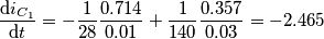 \frac{\text{d}i_{C_{1}}}{\text{d}t}=-\frac{1}{28}\frac{0.714}{0.01}+\frac{1}{140}\frac{0.357}{0.03}=-2.465 \frac{\text{d}i_{C_{1}}}{\text{d}t}=-\frac{1}{28}\frac{0.714}{0.01}+\frac{1}{140}\frac{0.357}{0.03}=-2.465