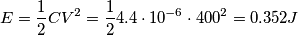 \[E=\frac{1}{2}CV^{2}=\frac{1}{2}4.4\cdot 10^{-6}\cdot 400^{2}=0.352J\]