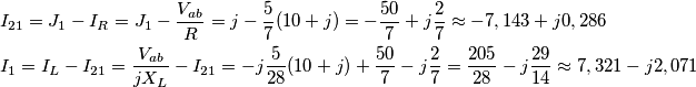 \begin{align}
  & I_{21}=J_{1}-I_{R}=J_{1}-\frac{V_{ab}}{R}=j-\frac{5}{7}(10+j)=-\frac{50}{7}+j\frac{2}{7}\approx -7,143+j0,286 \\ 
 & I_{1}=I_{L}-I_{21}=\frac{V_{ab}}{jX_{L}}-I_{21}=-j\frac{5}{28}(10+j)+\frac{50}{7}-j\frac{2}{7}=\frac{205}{28}-j\frac{29}{14}\approx 7,321-j2,071 \\ 
\end{align}