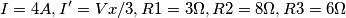 I = 4 A, I' = Vx/3, R1 = 3\Omega, R2= 8\Omega, R3= 6\Omega