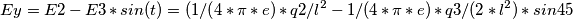 Ey=E2-E3 *sin(t)=(1/(4*\pi*e)*q2/l^2-1/(4*\pi*e)*q3/(2*l^2)*sin45&deg;