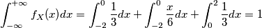\int_{-\infty}^{+\infty} f_X(x) dx = \int_{-2}^{0} \frac{1}{3} dx + \int_{-2}^{0} \frac{x}{6} dx + \int_{0}^{2} \frac{1}{3} dx = 1