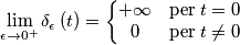\lim_{\epsilon\rightarrow 0^{+}}\delta_{\epsilon } \left ( t \right )=\left\{\begin{matrix}
+\infty  & \textup{per}\: t= 0\\ 
 0& \textup{per}\: t\neq  0
\end{matrix}\right.