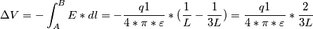 \Delta V=-\int_{A}^{B}E*dl=-\frac{q1}{4*\pi*\varepsilon }*(\frac{1}{L}-\frac{1}{3L})=\frac{q1}{4*\pi*\varepsilon }*\frac{2}{3L}