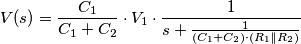 V(s) = \frac{C_1}{C_1 + C_2} \cdot V_1 \cdot \frac{1}{s+ \frac{1}{(C_1 + C_2) \cdot(R_1 \parallel R_2)}}