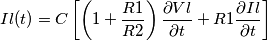Il(t)=C\left [ \left ( 1+\frac{R1}{R2} \right ) \frac{\partial Vl}{\partial t}+R1\frac{\partial Il}{\partial t} \right ]