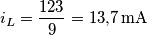 i_{L}=\frac{123}{9}=13{,}7\,\text{mA} i_{L}=\frac{123}{9}=13{,}7\,\text{mA}