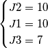 \begin{cases} J2=10 \\ J1=10 \\ J3=7
\end{cases} \begin{cases} J2=10 \\ J1=10 \\ J3=7
\end{cases}