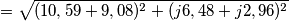 = \sqrt{ (10,59 + 9,08)^2 + ( j 6,48+j 2,96)^2}