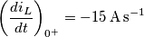 \left(\frac{di_L}{dt}\right)_{0^+} = -15 \, \mathrm{A \, s^{-1}}