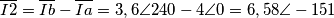 \overline{I2}= \overline{Ib} - \overline{Ia} =3,6 \angle240-4 \angle0=6,58\angle-151 \overline{I2}= \overline{Ib} - \overline{Ia} =3,6 \angle240-4 \angle0=6,58\angle-151