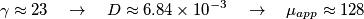 \gamma \approx 23\quad \to \quad D\approx 6.84\times {{10}^{-3}}\quad \to \quad {{\mu }_{app}}\approx 128