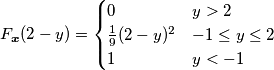F_{\boldsymbol{x}}(2-y) = \begin{cases}
0 & y > 2 \\
\frac{1}{9}(2-y)^2 & -1 \le y \le 2 \\
1 & y < -1
\end{cases}