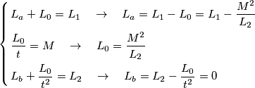 \left\{ \begin{align}
  & L_{a}+L_{0}=L_{1}\quad \to \quad L_{a}=L_{1}-L_{0}=L_{1}-\frac{M^{2}}{L_{2}} \\ 
 & \frac{L_{0}}{t}=M\quad \to \quad L_{0}=\frac{M^{2}}{L_{2}} \\ 
 & L_{b}+\frac{L_{0}}{t^{2}}=L_{2}\quad \to \quad L_{b}=L_{2}-\frac{L_{0}}{t^{2}}=0 \\ 
\end{align} \right.