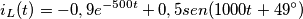 i_L(t)=-0,9e^{-500t}+0,5sen(1000t+49^{\circ}) i_L(t)=-0,9e^{-500t}+0,5sen(1000t+49^{\circ})