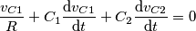 \frac{v_{C1}}{R}+C_{1}\frac{\mathrm{d} v_{C1}}{\mathrm{d} t}+C_{2}\frac{\mathrm{d} v_{C2}}{\mathrm{d} t}=0