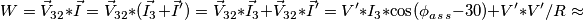 W = \vec V_3_2 * \vec I = \vec V_3_2 * ( \vec I_3 + \vec I' ) = \vec V_3_2 * \vec I_3 + \vec V_3_2 * \vec I' = V' * I_3 *\cos(\phi_a_s_s - 30&deg;) + V' * V' / R \approx