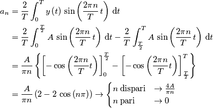 \begin{aligned}a_{n} & =\frac{2}{T}\int_{0}^{T}y\left(t\right)\,\sin\left(\frac{2\pi n}{T}\, t\right)\,\text{d}t\\
 & =\frac{2}{T}\int_{0}^{\frac{T}{2}}A\,\sin\left(\frac{2\pi n}{T}\, t\right)\,\text{d}t-\frac{2}{T}\int_{\frac{T}{2}}^{T}A\,\sin\left(\frac{2\pi n}{T}\, t\right)\,\text{d}t\\
 & =\frac{A}{\pi n}\left\{ \left[-\cos\left(\frac{2\pi n}{T}t\right)\right]_{0}^{\frac{T}{2}}-\left[-\cos\left(\frac{2\pi n}{T}t\right)\right]_{\frac{T}{2}}^{T}\right\} \\
 & =\frac{A}{\pi n}\left(2-2\,\cos\left(n\pi\right)\right)\rightarrow\begin{cases}
n\;\textrm{dispari} & \rightarrow \frac{4A}{\pi n}\\
n\;\textrm{pari} & \rightarrow  0
\end{cases}
\end{aligned}