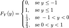 F_Y(y) = \begin{cases} 0, & \mbox{se } y \le -1 \\ 1, & \mbox{se } y \le 1 \\ \frac{1}{3}, & \mbox{se }  -1 < y < 0 \\ \frac{2}{3}, & \mbox{se } 0<y<1 \end{cases}