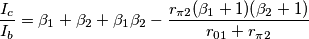 \frac{I_c}{I_b}=\beta_1+\beta_2+\beta_1\beta_2 - \frac{r_{\pi 2}(\beta_1+1)(\beta_2+1)}{r_{01}+r_{\pi 2}}