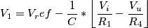 V_1 = V_ref - \frac{1}{C} * \left \lfloor \frac{V_i}{R_1} - \frac{V_u}{R_4} \right \rfloor