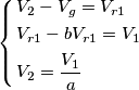 \left\{ \begin{align}
  & V_{2}-V_{g}=V_{r1} \\ 
 & V_{r1}-bV_{r1}=V_{1} \\ 
 & V_{2}=\frac{V_{1}}{a} \\ 
\end{align} \right.