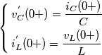 \left\{ \begin{align}
& v_{C}^{'}(0+)=\frac{{{i}_{C}}(0+)}{C} \\
& i_{L}^{'}(0+)=\frac{{{v}_{L}}(0+)}{L} \\
\end{align} \right. \left\{ \begin{align}
& v_{C}^{'}(0+)=\frac{{{i}_{C}}(0+)}{C} \\
& i_{L}^{'}(0+)=\frac{{{v}_{L}}(0+)}{L} \\
\end{align} \right.