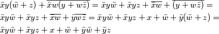 \begin{align}
& \bar{x}y(\bar{w}+z)+\overline{\bar{x}w(y+w\bar{z})}=\bar{x}y\bar{w}+\bar{x}yz+\overline{\bar{x}w}+\overline{(y+w\bar{z})}= \\
& \bar{x}y\bar{w}+\bar{x}yz+\overline{\bar{x}w}+\bar{y}\overline{w\bar{z}}=\bar{x}y\bar{w}+\bar{x}yz+x+\bar{w}+\bar{y}(\bar{w}+z)= \\
& \bar{x}y\bar{w}+\bar{x}yz+x+\bar{w}+\bar{y}\bar{w}+\bar{y}z \\
\end{align} \begin{align}
& \bar{x}y(\bar{w}+z)+\overline{\bar{x}w(y+w\bar{z})}=\bar{x}y\bar{w}+\bar{x}yz+\overline{\bar{x}w}+\overline{(y+w\bar{z})}= \\
& \bar{x}y\bar{w}+\bar{x}yz+\overline{\bar{x}w}+\bar{y}\overline{w\bar{z}}=\bar{x}y\bar{w}+\bar{x}yz+x+\bar{w}+\bar{y}(\bar{w}+z)= \\
& \bar{x}y\bar{w}+\bar{x}yz+x+\bar{w}+\bar{y}\bar{w}+\bar{y}z \\
\end{align}