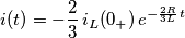 i(t) =- \frac{2}{3} \, i_L(0_+) \, e^{-\frac{2R}{3L} \, t} i(t) =- \frac{2}{3} \, i_L(0_+) \, e^{-\frac{2R}{3L} \, t}