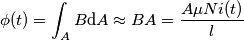 \phi (t) = \int_A B\mathrm{d}A \approx BA = \frac{A \mu N i(t)}{l}