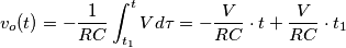 v_{o}(t)=-\frac{1}{RC}\int_{t_{1}}^{t}Vd\tau=-\frac{V}{RC}\cdot t+\frac{V}{RC}\cdot t_{1}