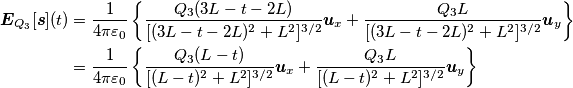 \begin{align} \boldsymbol{E}_{Q_3}[\boldsymbol{s}](t) &=\frac{1}{4\pi\varepsilon_0} \left \{ \frac{Q_3 (3L-t-2L)}{ [(3L-t-2L)^2+L^2]^{3/2}} \boldsymbol{u}_x+\frac{Q_3 L}{ [(3L-t-2L)^2+L^2]^{3/2}} \boldsymbol{u}_y \right \} \\ 
&=\frac{1}{4\pi\varepsilon_0} \left \{ \frac{Q_3 (L-t)}{ [(L-t)^2+L^2]^{3/2}} \boldsymbol{u}_x+\frac{Q_3 L}{ [(L-t)^2+L^2]^{3/2}} \boldsymbol{u}_y \right \}
\end{align}