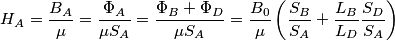 {{H}_{A}}=\frac{{{B}_{A}}}{\mu }=\frac{{{\Phi }_{A}}}{\mu {{S}_{A}}}=\frac{{{\Phi }_{B}}+{{\Phi }_{D}}}{\mu {{S}_{A}}}=\frac{{{B}_{0}}}{\mu }\left( \frac{{{S}_{B}}}{{{S}_{A}}}+\frac{{{L}_{B}}}{{{L}_{D}}}\frac{{{S}_{D}}}{{{S}_{A}}} \right)