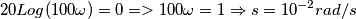 20Log(100 \omega)=0 => 100 \omega=1 \Rightarrow  s=10^{-2} rad/s