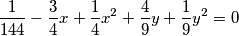 \frac{1}{144}-\frac{3}{4}x+\frac{1}{4}x^{2}+\frac{4}{9}y+\frac{1}{9}y^{2}=0