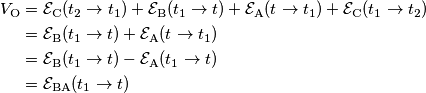 \begin{align}V_\text{O} &= \mathcal{E}_\text{C}(t_2\rightarrow t_1)+\mathcal{E}_\text{B}(t_1\rightarrow t)+\mathcal{E}_\text{A}(t\rightarrow t_1)+\mathcal{E}_\text{C}(t_1\rightarrow t_2) \\
&= \mathcal{E}_\text{B}(t_1\rightarrow t)+\mathcal{E}_\text{A}(t\rightarrow t_1) \\
&= \mathcal{E}_\text{B}(t_1\rightarrow t)-\mathcal{E}_\text{A}(t_1\rightarrow t) \\
&= \mathcal{E}_\text{BA}(t_1\rightarrow t)
\end{align} \begin{align}V_\text{O} &= \mathcal{E}_\text{C}(t_2\rightarrow t_1)+\mathcal{E}_\text{B}(t_1\rightarrow t)+\mathcal{E}_\text{A}(t\rightarrow t_1)+\mathcal{E}_\text{C}(t_1\rightarrow t_2) \\
&= \mathcal{E}_\text{B}(t_1\rightarrow t)+\mathcal{E}_\text{A}(t\rightarrow t_1) \\
&= \mathcal{E}_\text{B}(t_1\rightarrow t)-\mathcal{E}_\text{A}(t_1\rightarrow t) \\
&= \mathcal{E}_\text{BA}(t_1\rightarrow t)
\end{align}