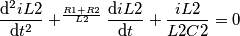 \frac{\mathrm{d^2} iL2}{\mathrm{d} t^2}+^{\frac{R1+R2}{L2}}\frac{\mathrm{d} iL2}{\mathrm{d} t}+\frac{iL2}{L2C2}=0 \frac{\mathrm{d^2} iL2}{\mathrm{d} t^2}+^{\frac{R1+R2}{L2}}\frac{\mathrm{d} iL2}{\mathrm{d} t}+\frac{iL2}{L2C2}=0